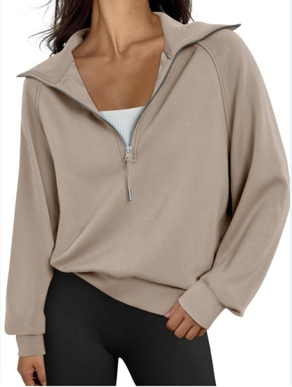 Women's Short Stand-collar Half-zip Fleece-lined Solid-color Sweatshirt
