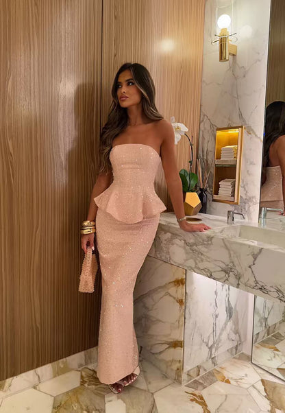 Womens Solid-color Sequined Strapless Dress With Ruffled Hem And Side Slit