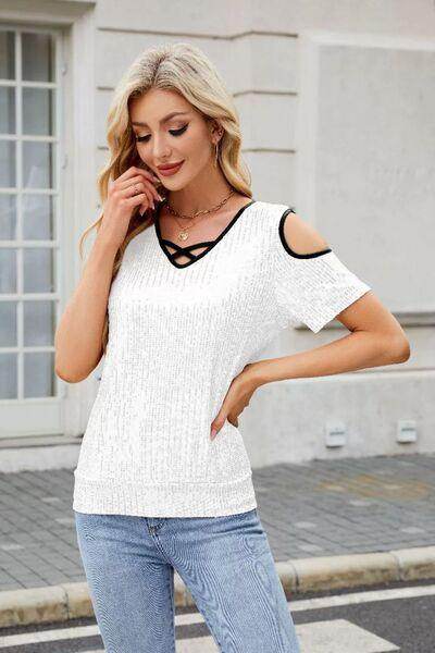 Sequin Crisscross V-Neck Cold Shoulder Blouse for Women
