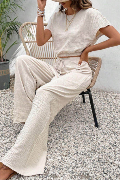 Round Neck Short Sleeve Top and Pants Set for Women