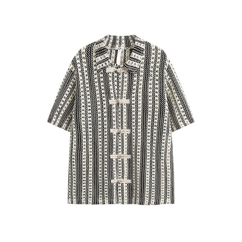 Summer Beige Black Colorblock Turnover Neck Shirt