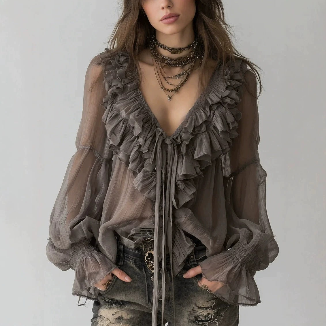 Womens Fashionable Casual V-Neck Long-Sleeve Ruffle-Trim Shirt