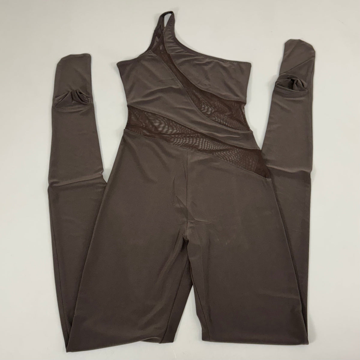 NORMA KAMALI One Shoulder Snake Mesh Catsuit Footsie Women's Sz L/40 Chocolate