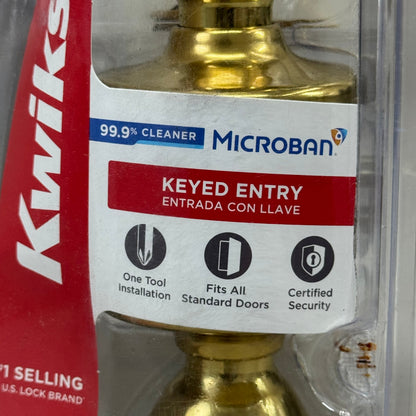KWIKSET Door Knob W/ Lock & Key for Front Entrance 4.5"x3.2"x9" Polished Brass (New Other) 94002-628