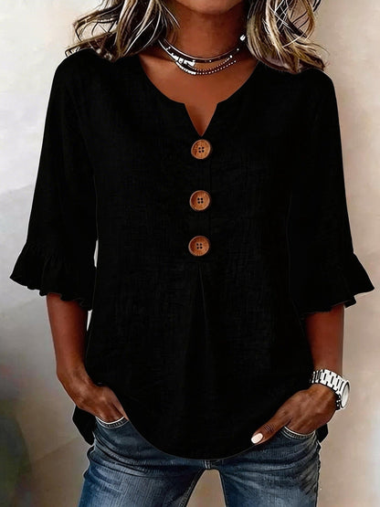 2026 Summer Women's V Neck Cotton Linen Button Up Shirt Solid Color Button Design  Short Sleeve