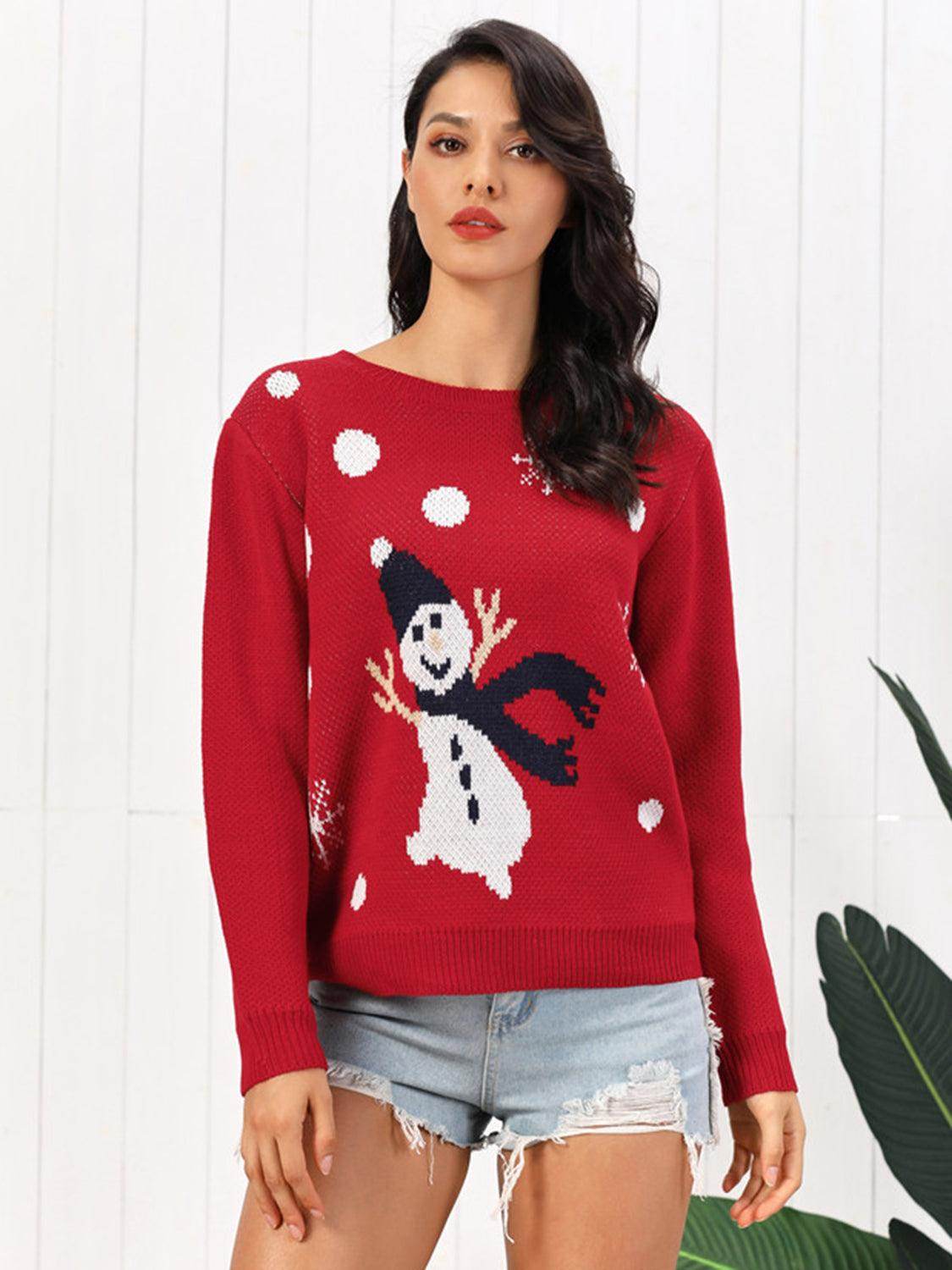 Snowman Round Neck Sweater for Cozy Winter Style