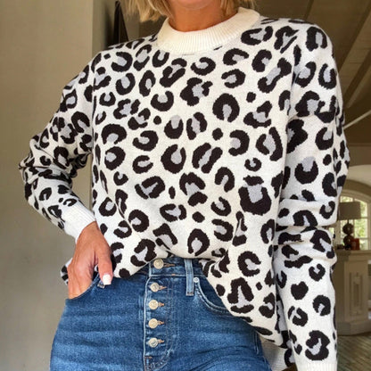 Womens Winter Clothing Round-Neck Jacquard Knit Loose-Fit Sweatshirt With Animal Print