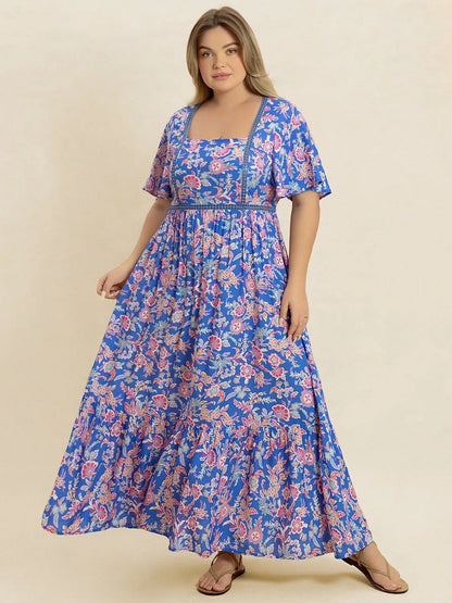 Plus Size Ruched Printed Short Sleeve Dress