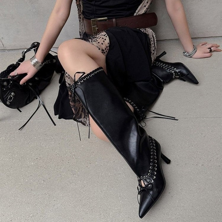 Women's Plus Size Leather Boots New Arrival For Autumn Winter Pointed Toe Thin Heel Stylish Rivet Straps Design