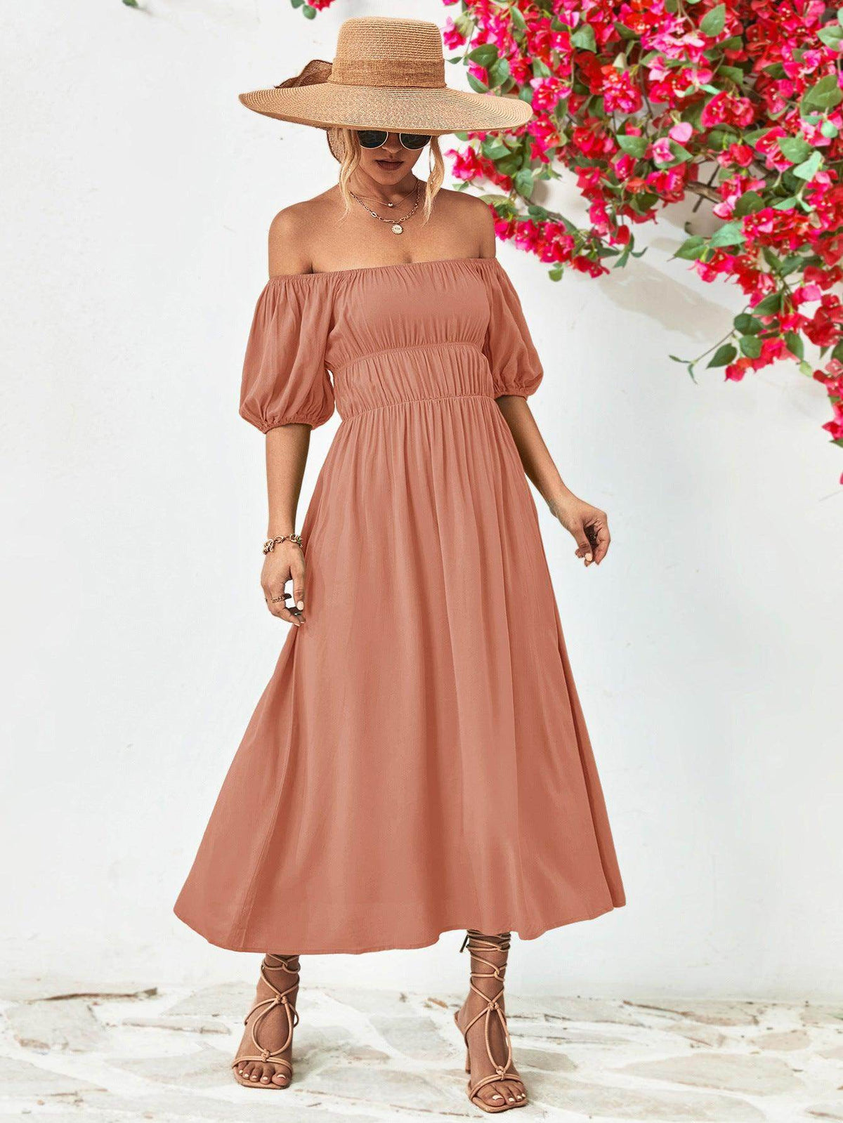 Off-Shoulder Balloon Sleeve Midi Dress for Chic Style
