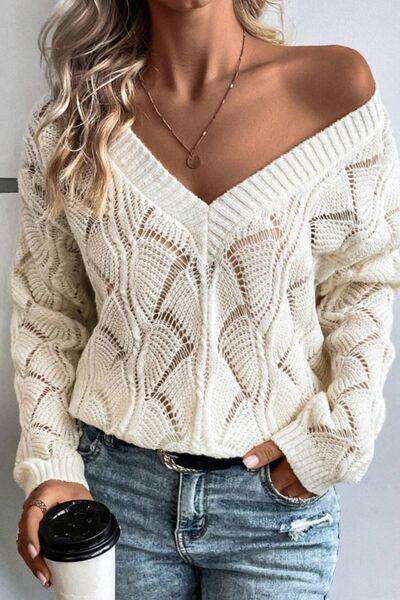 Openwork V-Neck Long Sleeve Sweater for Women Fashion