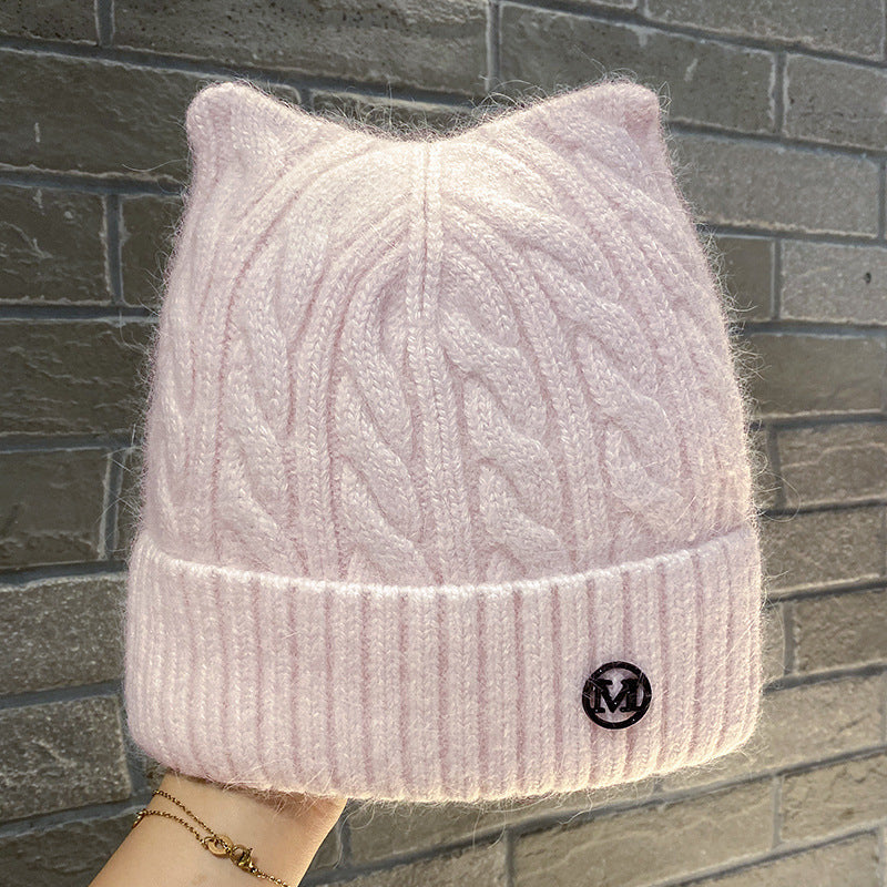 Cute Cat-ear Knitted Wool Warm Hat Versatile Face-slimming