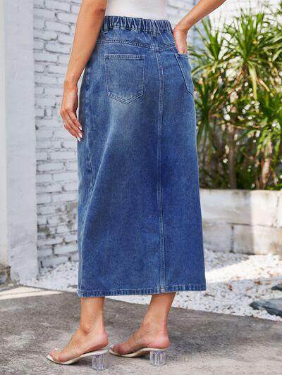 Slit Midi Denim Skirt with Pockets for Stylish Women