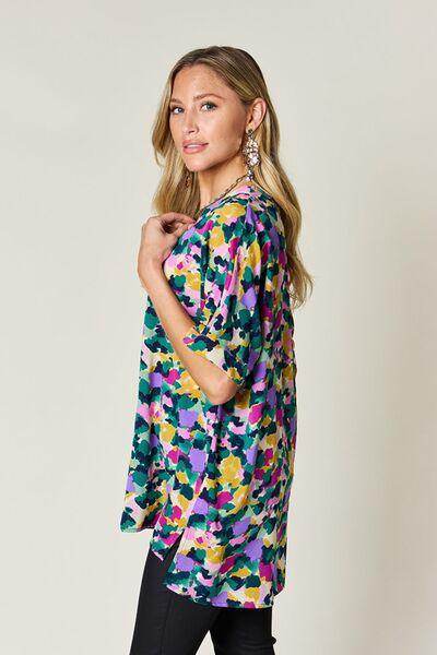 Double Take Full Size Printed V-Neck Short Sleeve Top
