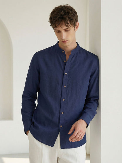 Italian Neapolitan Luxury Pure Natural Linen Mens Long Sleeve Shirt