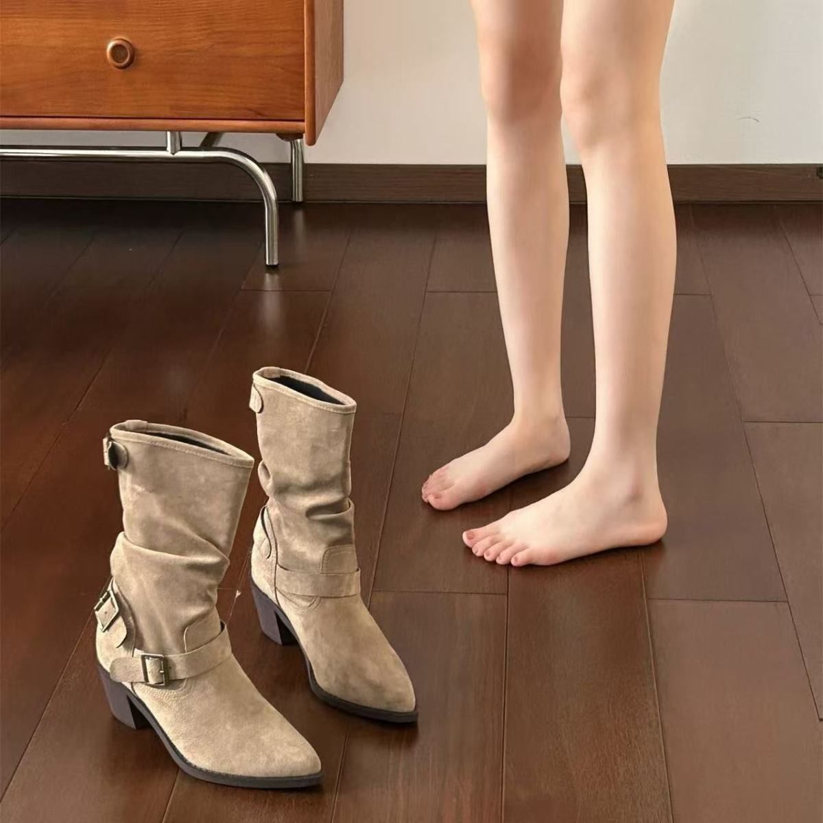 Chunky Heel Pleated Booties For Women