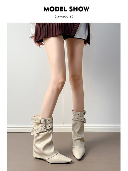 Women's White Spicy Girl Rivet PointedToe MidCalf Slouch Boots, Biker Boots & Ankle Boots For TuckedIn Pants