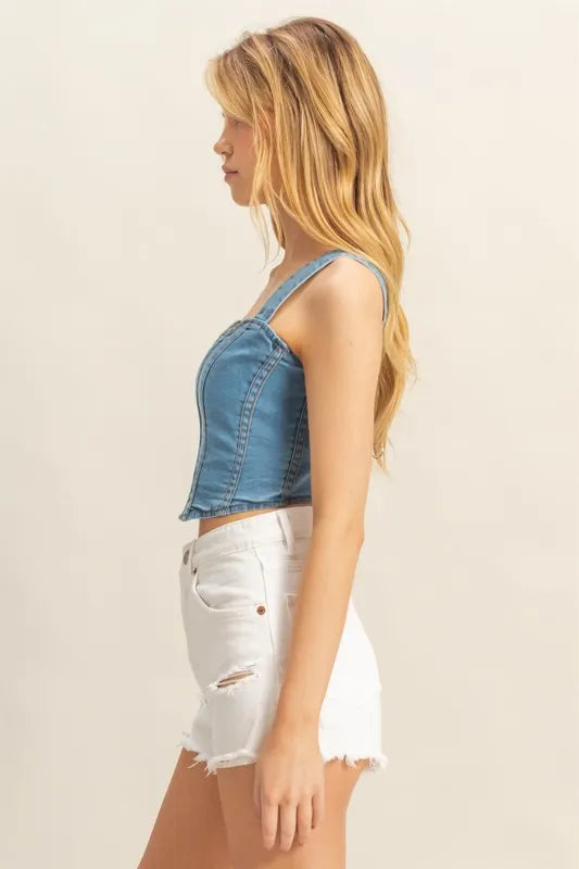 HYFVE Washed Sweetheart Neck Wide Strap Denim Tank