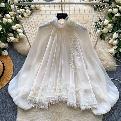 Women's Solid-Color French-Style 3D Floral Mesh Blouse