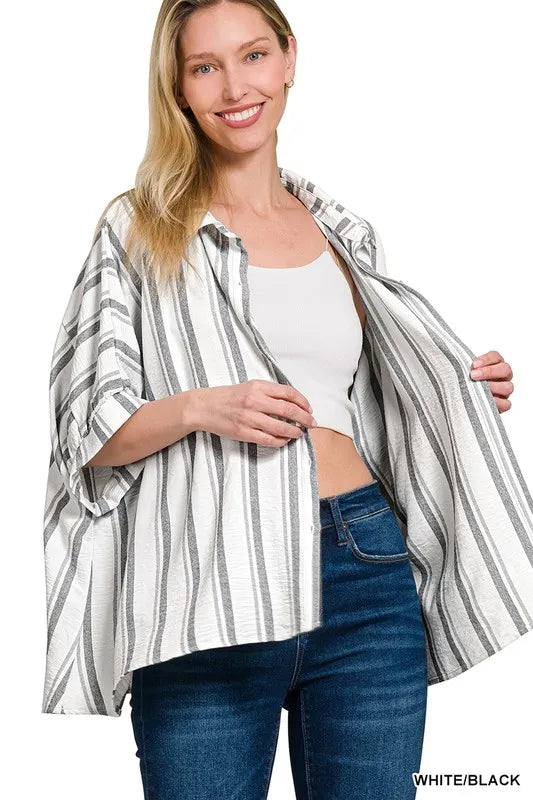 Zenana Woven Yarn-Dye Stripe Oversized Button Down Shirt