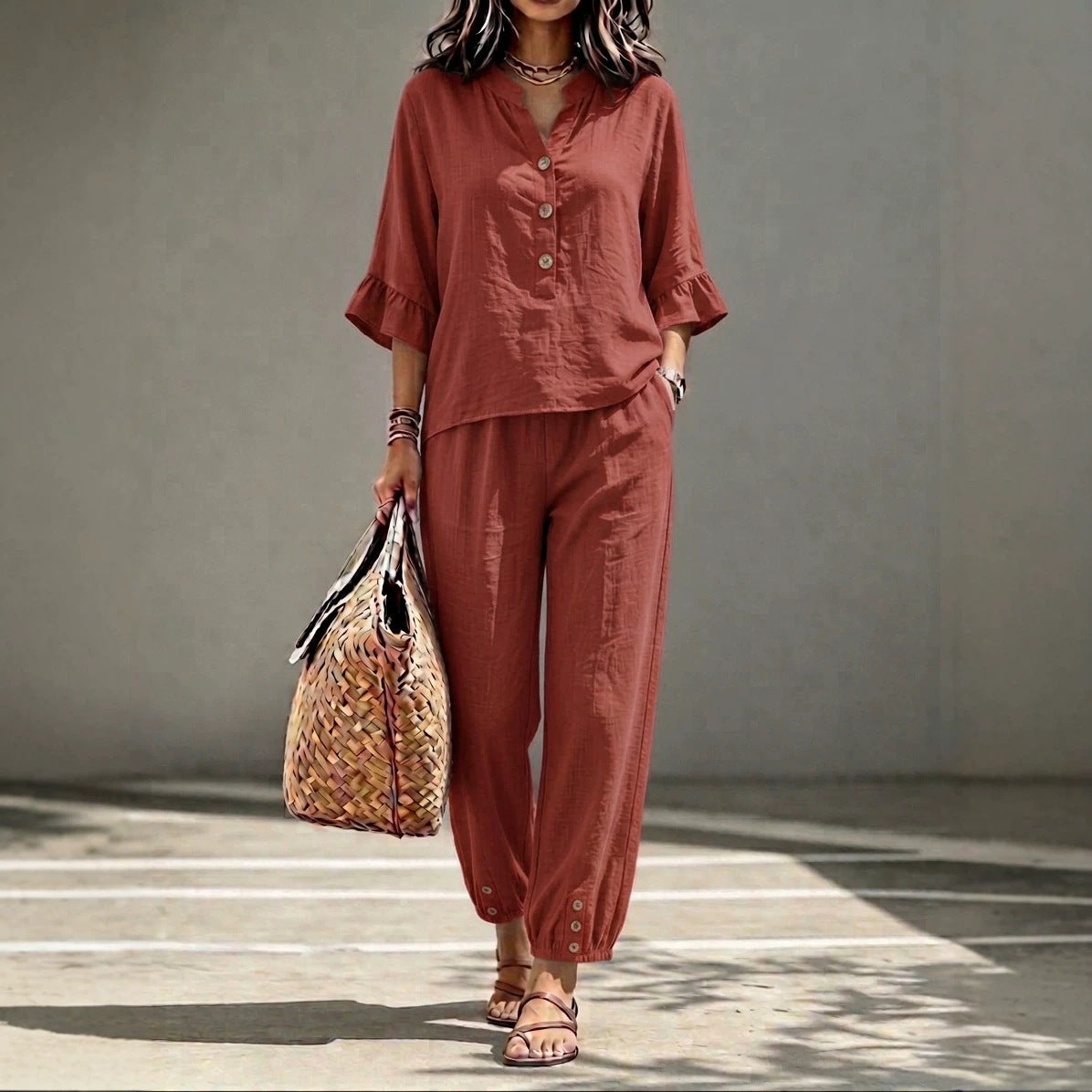 Three-quarter-sleeve Top And Cropped Pants Two-piece Set