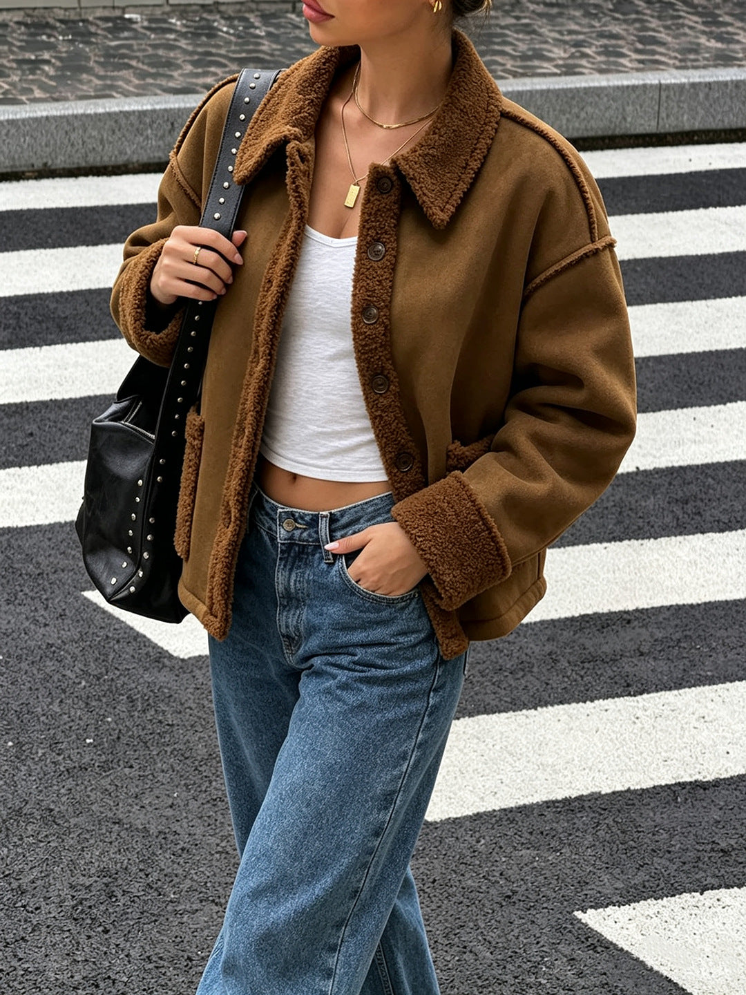 Lamb Wool Collar Loose-fitting Short Warm Jacket