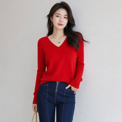 Women's V-neck Long-sleeve Pullover Knit Sweater