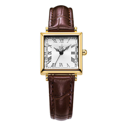 Women's Watch With A Retro-style Small Square Face And Leather Strap