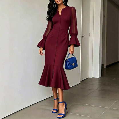 V-neck Chiffon Patchwork Puffed Long-sleeve Dress