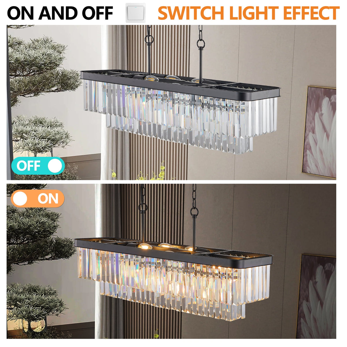Chandeliers,Rectangular Crystal Chandelier Adjustable,E12 Modern Industrial Crystal Lights (Bulb Not Included)