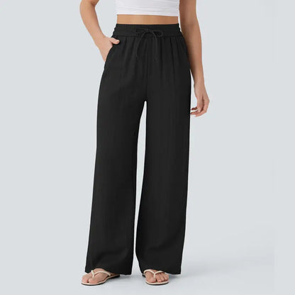2026 High-Waisted Drawstring Side Pocket Casual Style Linen Flowy Elastic Beach Wide-Leg Pants Women's Cloud Cotton Casual Pants