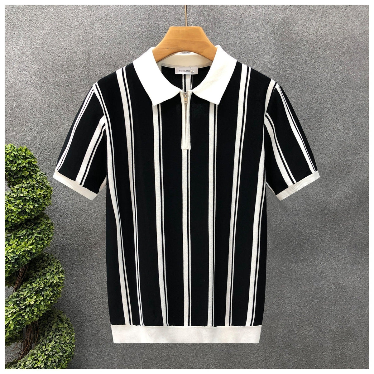 Mens Half-Zip Short-Sleeve Striped Polo Shirt