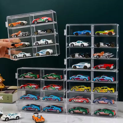 1:64 Acrylic Car Display Box – 8-grid, dustproof, stackable, transparent. Fits Hot Wheels.