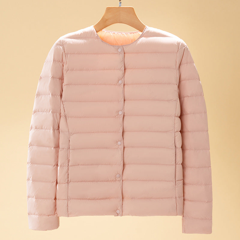 Round-neck Long-sleeved White Down Jacket In Large Size