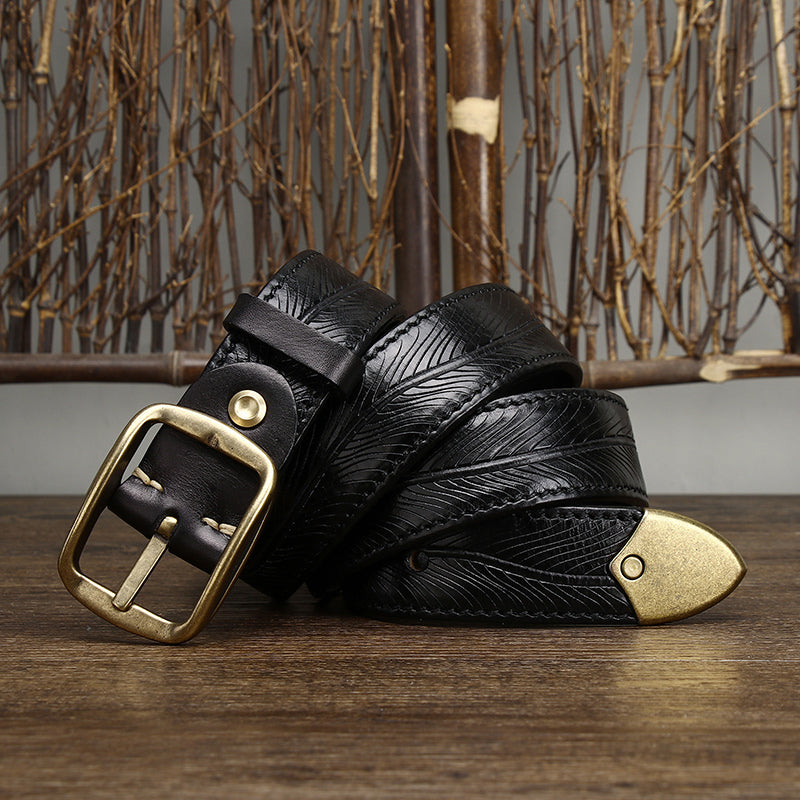 3.8CM Wide Thick Double-sided Cowhide Brass Buckle Belt