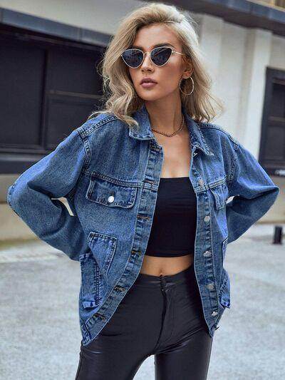 Pocketed Button Down Collared Neck Denim Top for Women