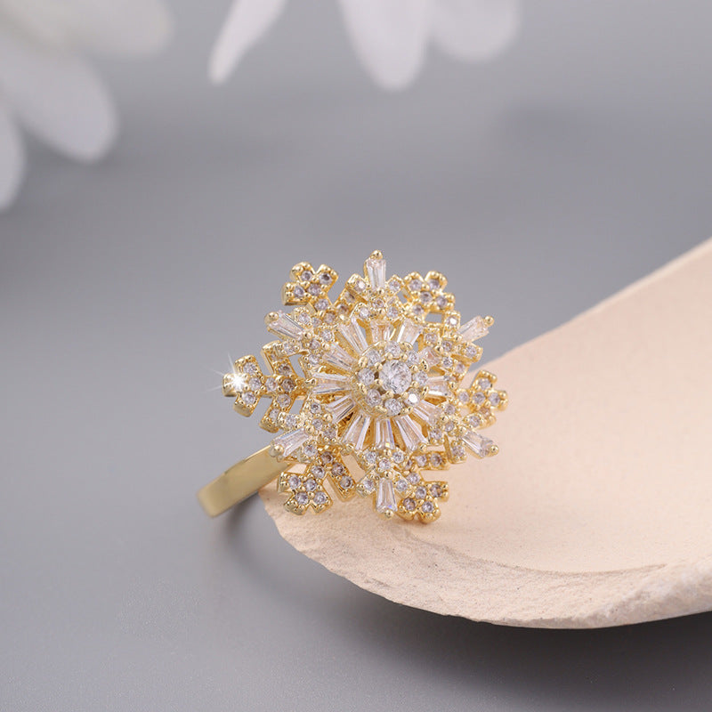 Korean Style Fashion New Snowflake Double-layer Rotatable Open Ring Female Ins Style Texture Adjustable Ring Fashion