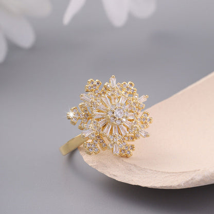 Korean Style Fashion New Snowflake Double-layer Rotatable Open Ring Female Ins Style Texture Adjustable Ring Fashion