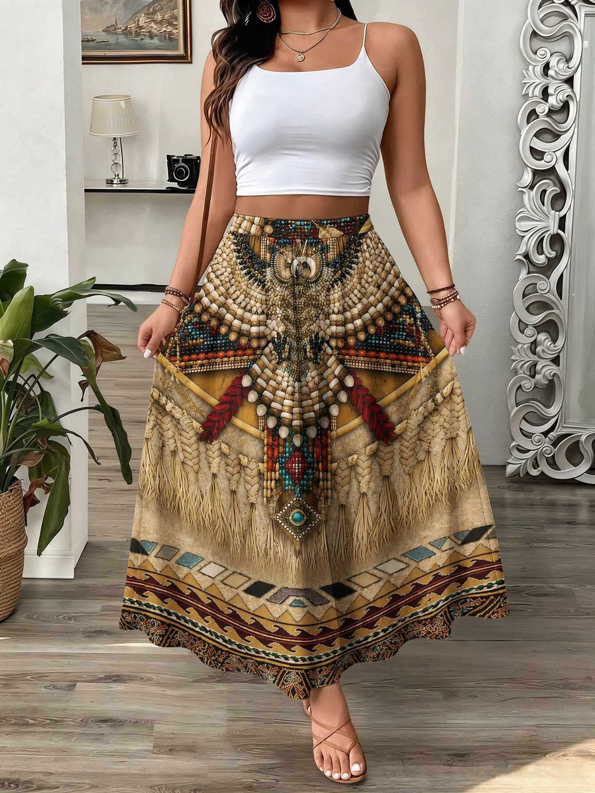 Womens 3D-printed Elastic High-waist Skirt