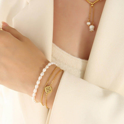 Titanium Steel Three-Layered Pearl Bracelet for Women