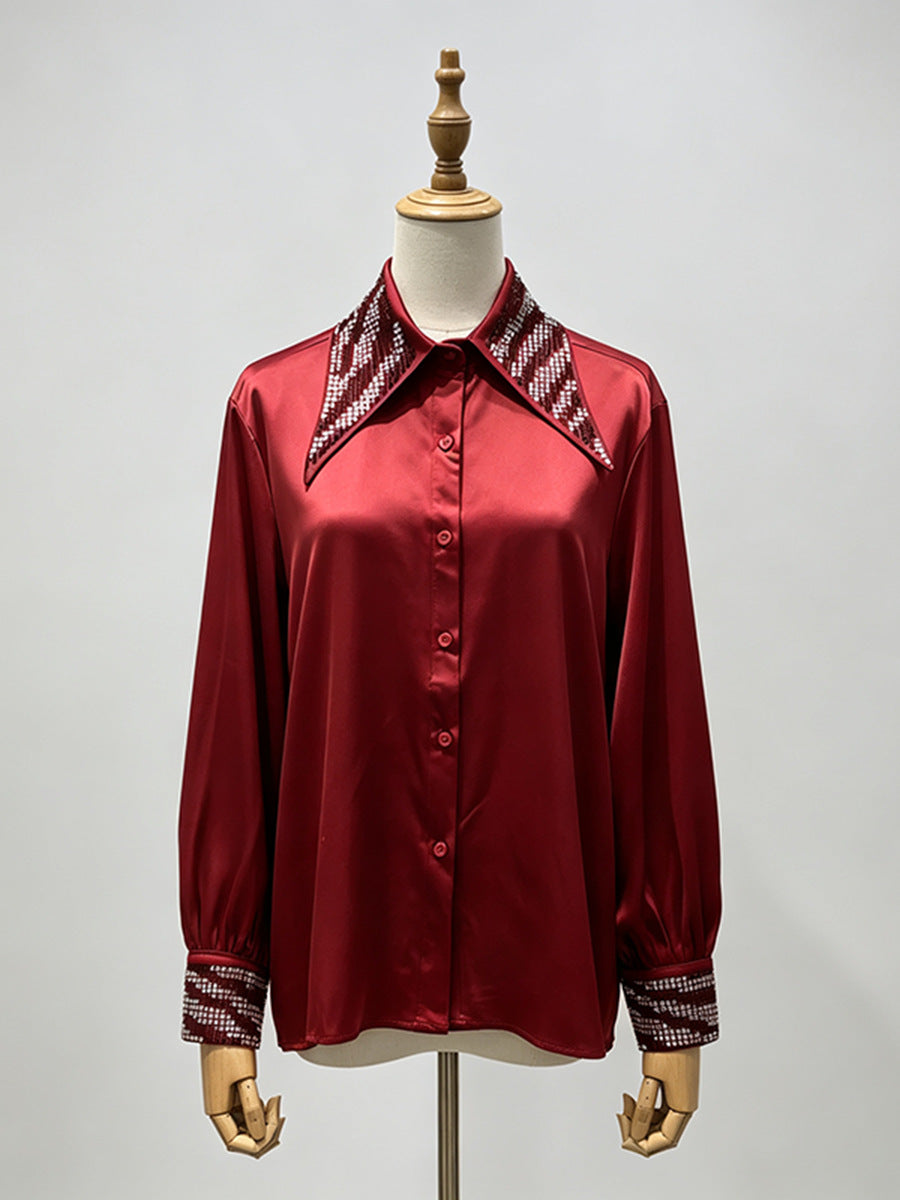 Rhinestone Collar & Cuff Button-Up Satin Shirt