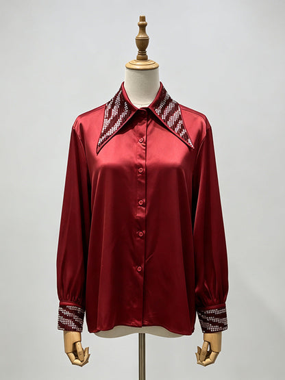 Rhinestone Collar & Cuff Button-Up Satin Shirt