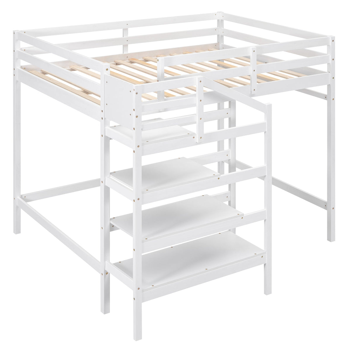 Full Size Loft Bed with Built-in Storage Staircase and Hanger for Clothes  White