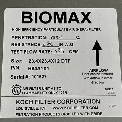 BIOMAX Koch Filter H49B3X2 High Efficiency Particulate Air (HEPA) Filter