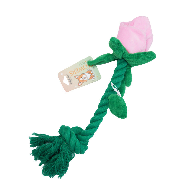 Dog Toy Rose Flower Plush Durable Biting Tooth Cleaning Cotton Rope Knot Crinkle Sound Self-Entertainment Interactive Pet Product