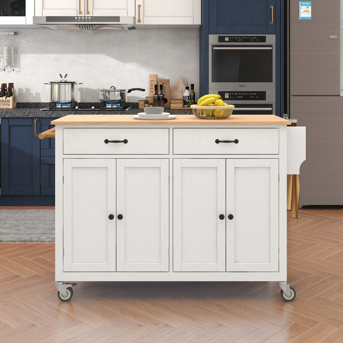 Kitchen Island Cart with Solid Wood Top and Locking Wheels 54.3 Inch Width  (White)