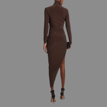 NORMA KAMALI Turtle Neck Ruched Side Drape Gown Unlined Women's S/36 Chocolate