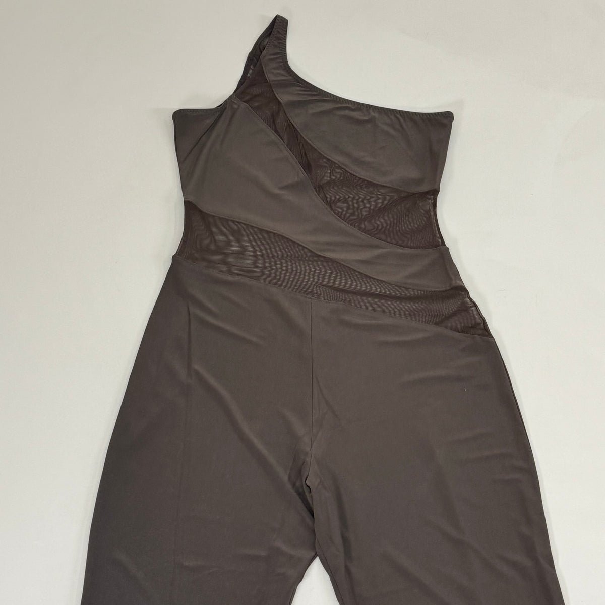 NORMA KAMALI One Shoulder Snake Mesh Catsuit Footsie Women's Sz XL/42 Chocolate