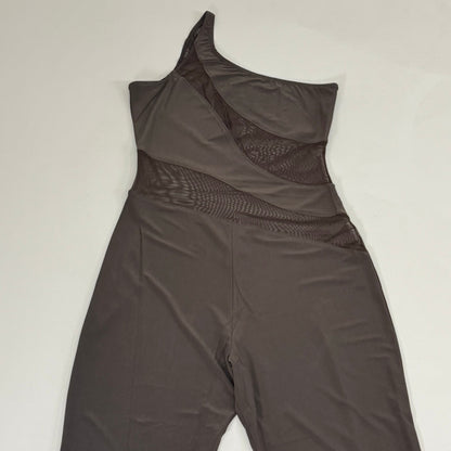 NORMA KAMALI One Shoulder Snake Mesh Catsuit Footsie Women's Sz XL/42 Chocolate