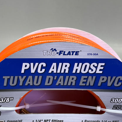 TRU-FLATE PVC Air Hose 1/4" NPT Fittings 300 PSI 50' x 3/8" Orange 576-50A